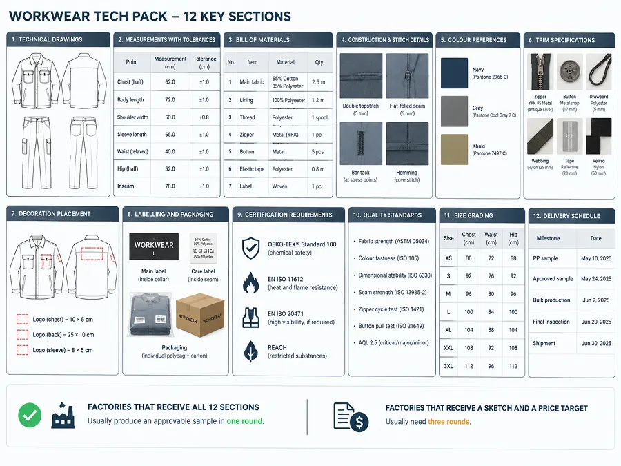 A workwear tech pack template: the 12 sections a factory needs, measurement and tolerance tables, a bill of materials example, stitch specifications and common mistakes.